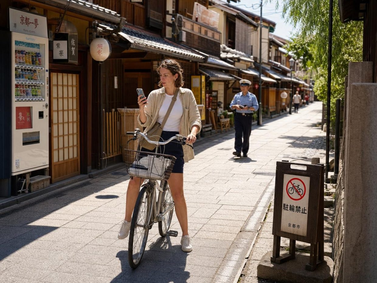 Femme à vélo regardant son téléphone à Kyoto