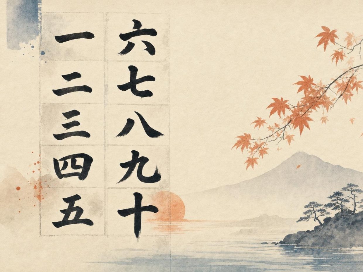 Calligraphie japonaise et paysage au soleil couchant