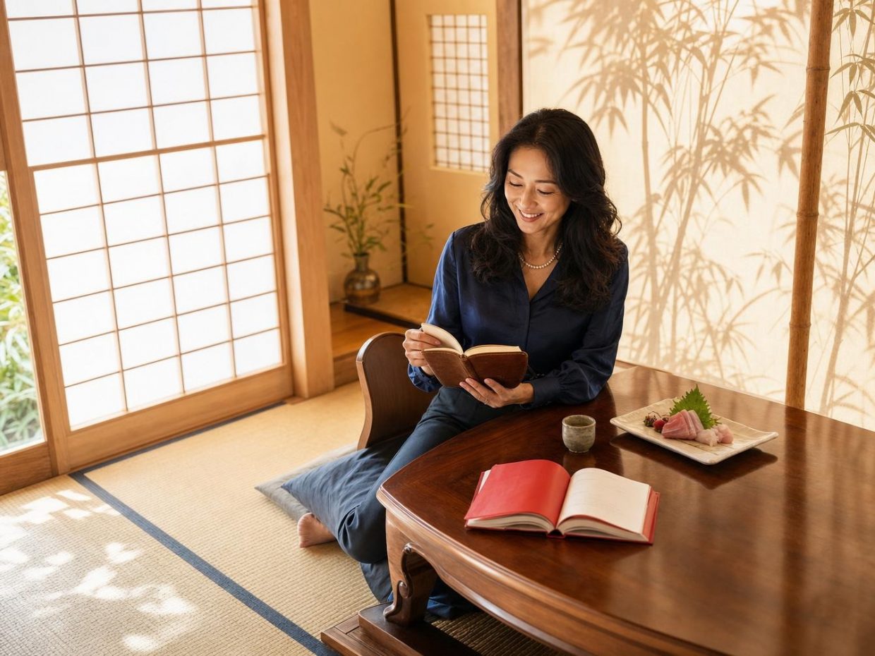 Femme lisant dans une pièce japonaise traditionnelle