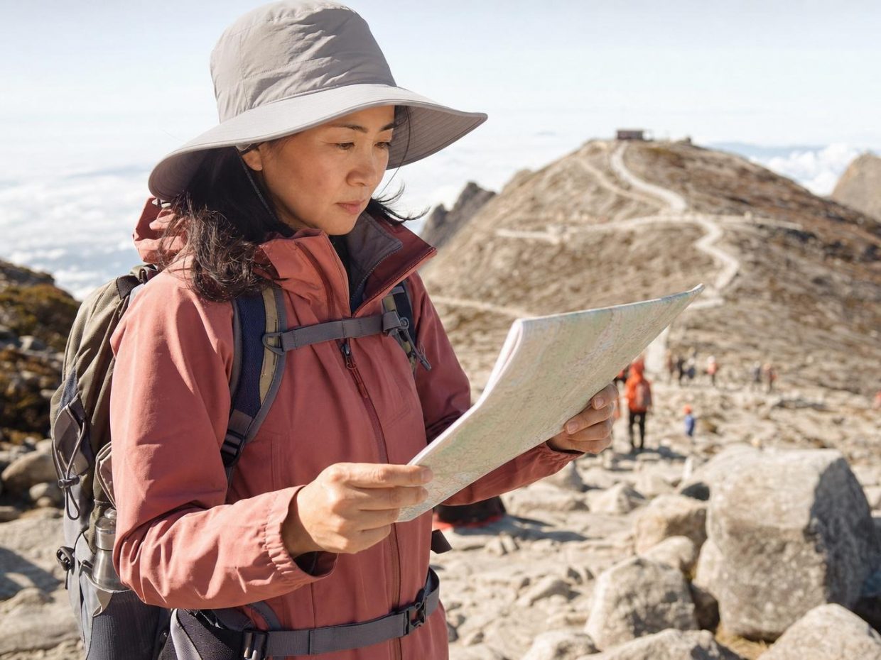 Randonneuse consultant une carte en montagne rocheuse
