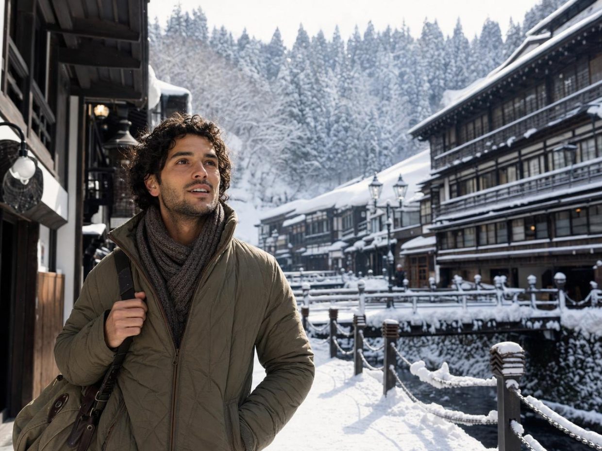 Homme marchant dans village enneigé traditionnel