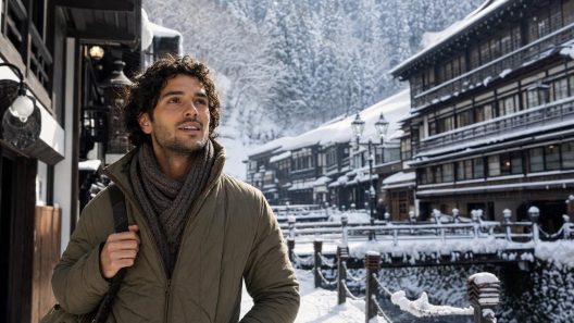 Homme marchant dans village enneigé traditionnel