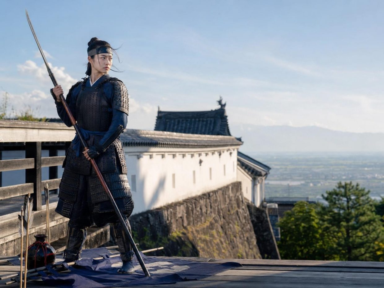 Guerrière samouraï en armure devant château japonais