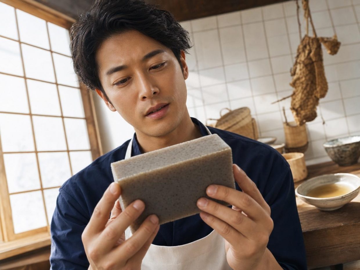 Homme examinant un bloc alimentaire en cuisine