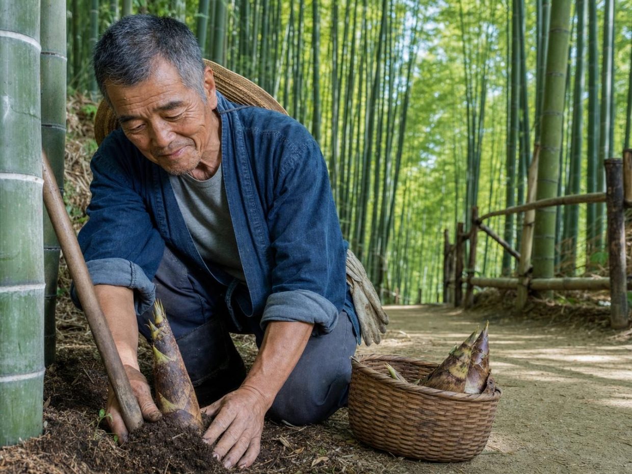Homme récoltant pousses de bambou en forêt