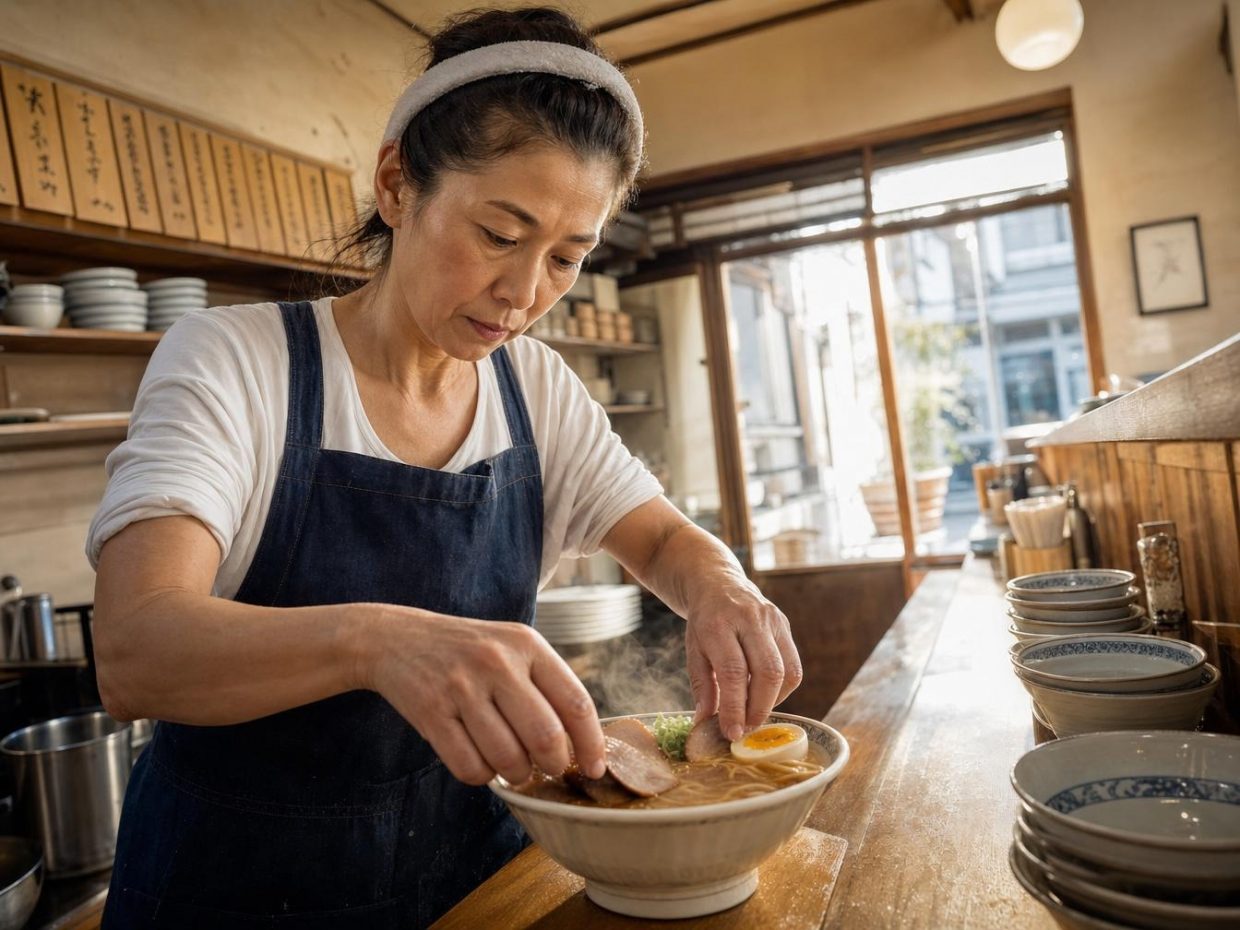Cuisinière préparant un bol de ramen