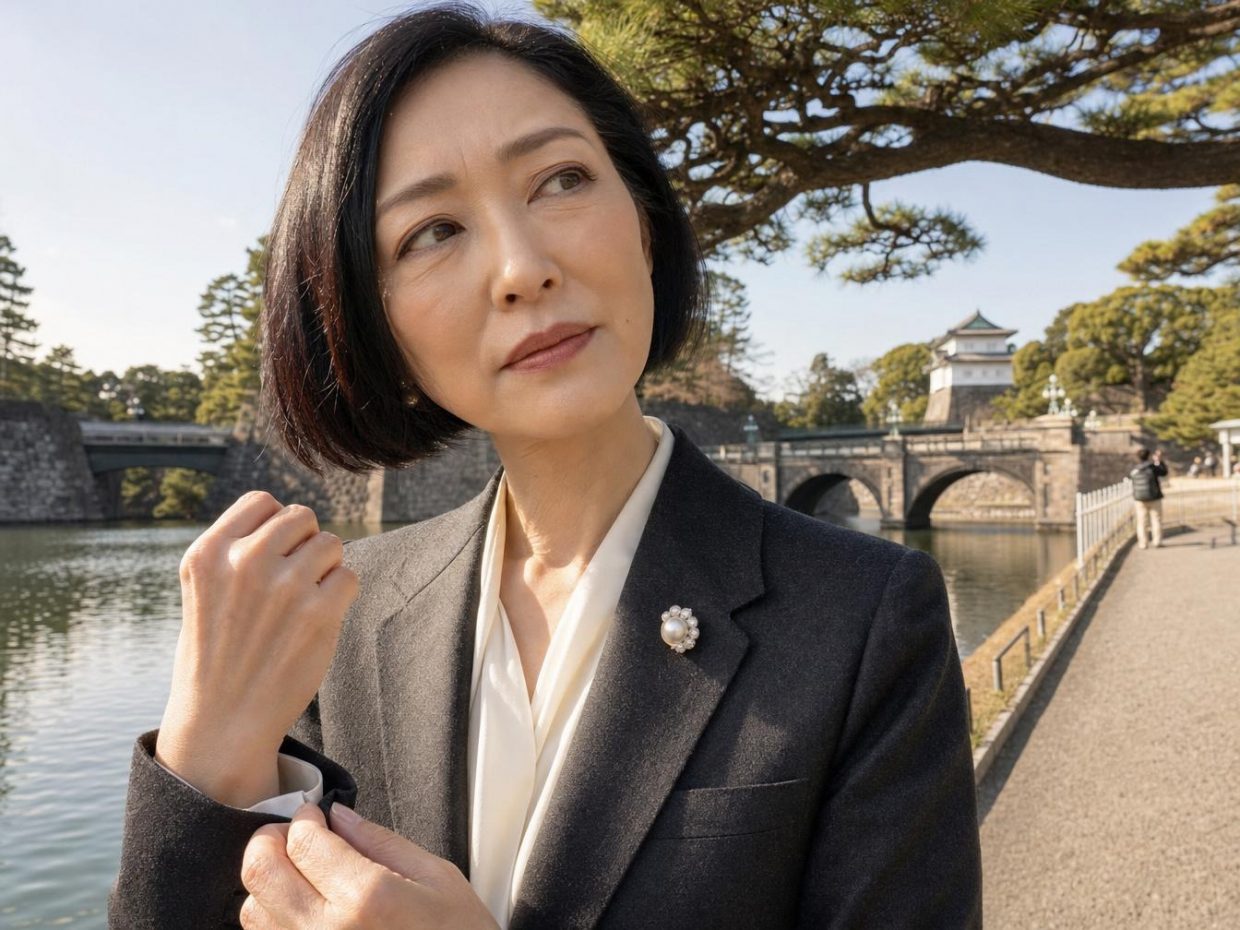 Femme élégante près d’un pont et château japonais