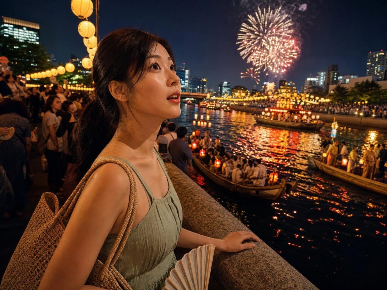 Femme admirant feu d’artifice au bord d’une rivière