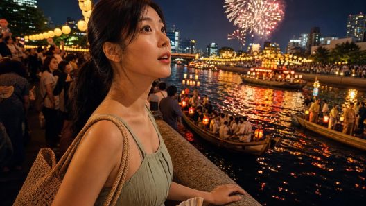 Femme admirant feu d’artifice au bord d’une rivière