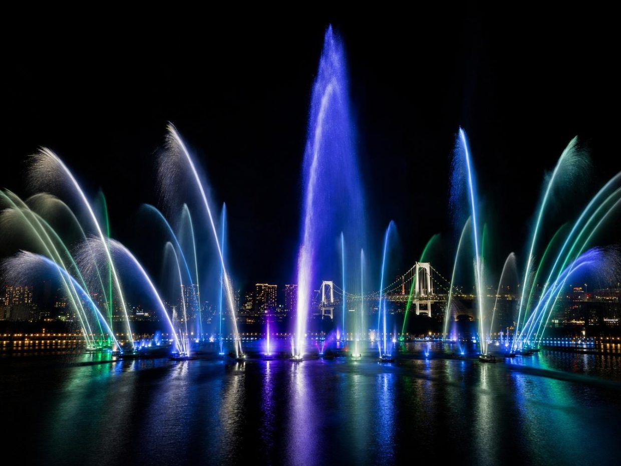 Spectacle de fontaines lumineuses nocturnes sur baie urbaine