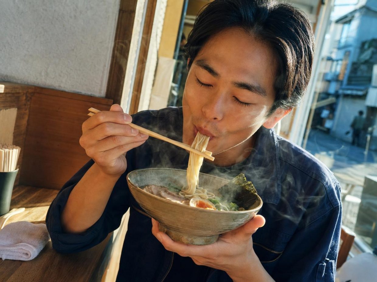 Homme dégustant un bol de ramen fumant