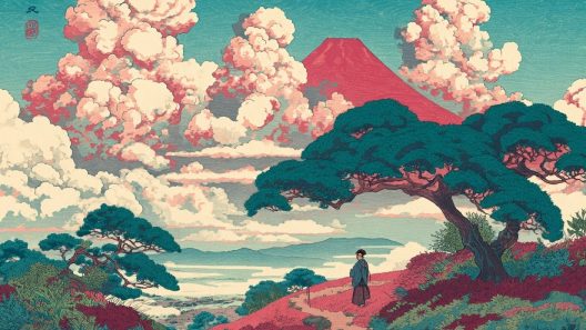Mont Fuji rouge sous nuages et pins