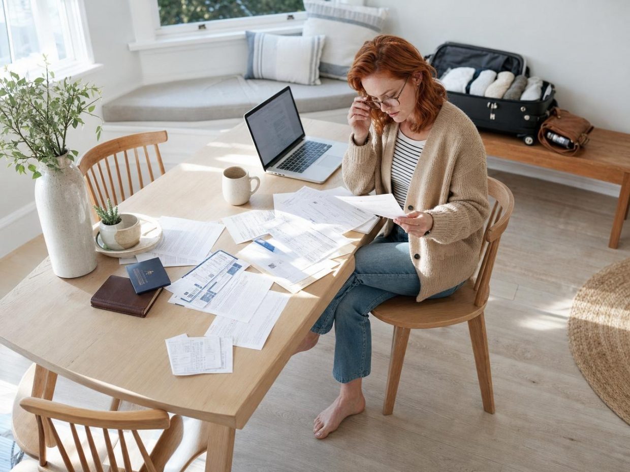Femme examinant des documents à table avec valise