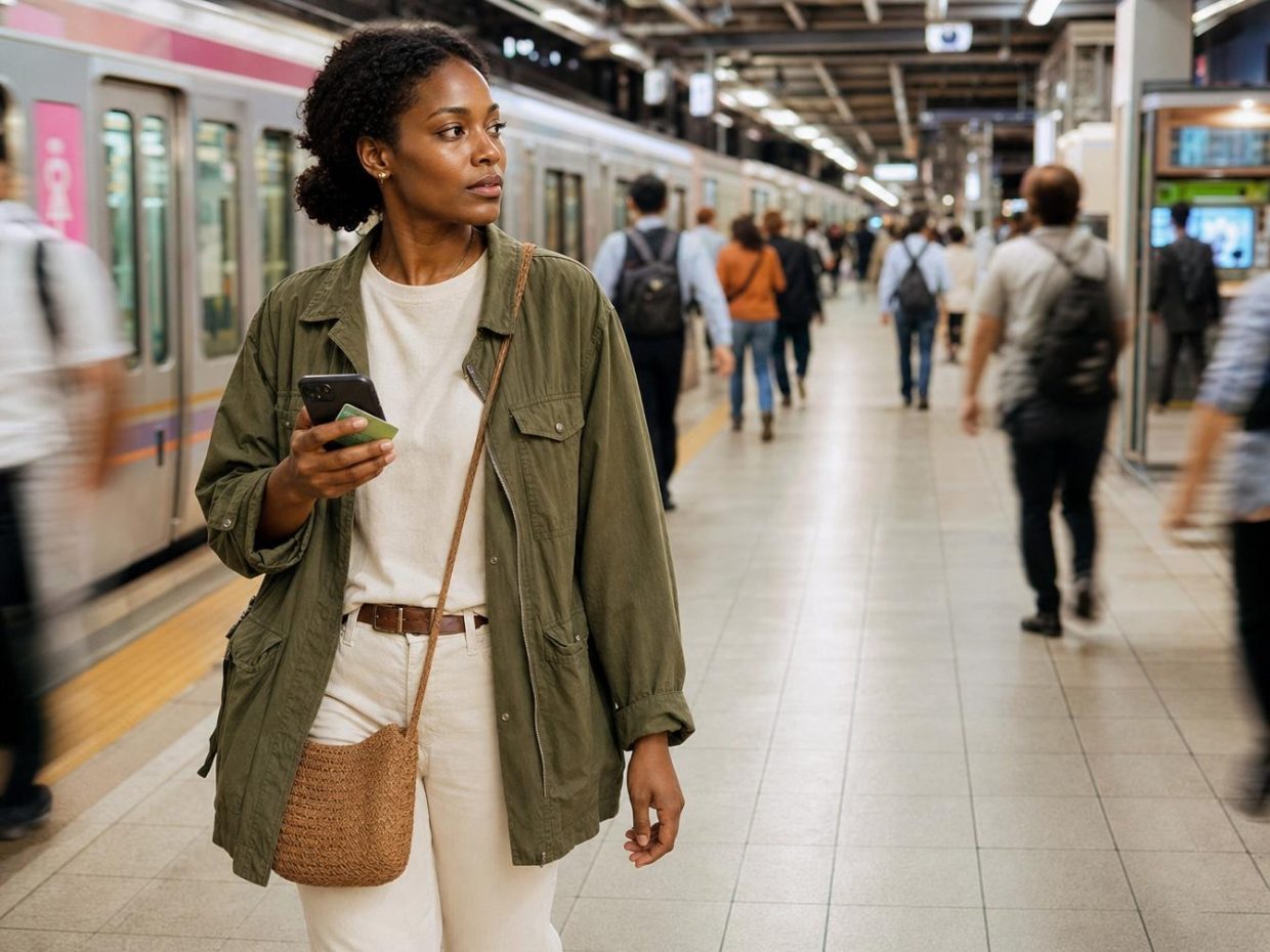 Femme avec smartphone sur quai de métro