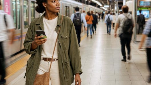 Femme avec smartphone sur quai de métro