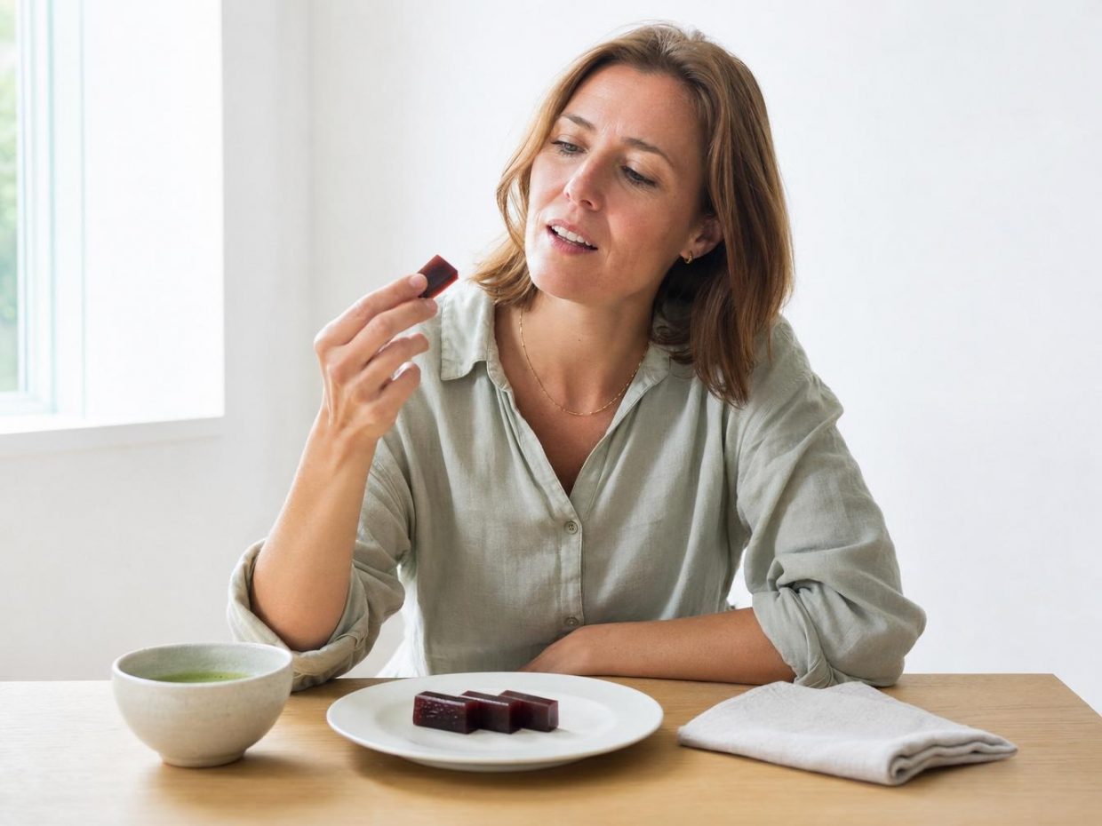 Femme dégustant une gelée rouge à table