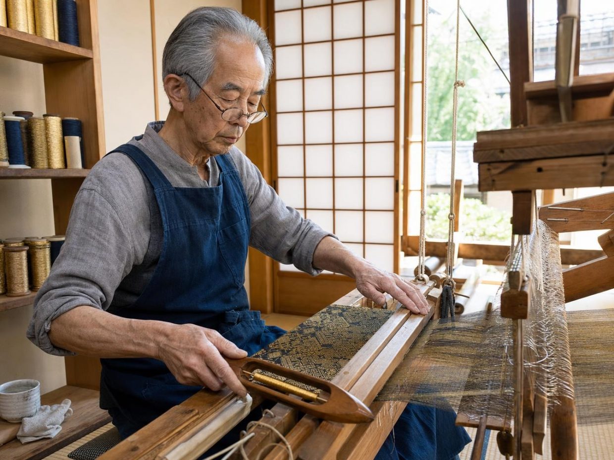 Artisan japonais tissant un textile traditionnel sur métier à tisser