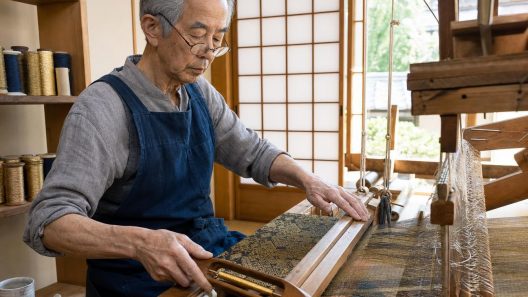 Artisan japonais tissant un textile traditionnel sur métier à tisser