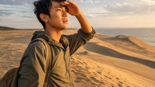 Randonneur observant l’horizon sur des dunes dorées