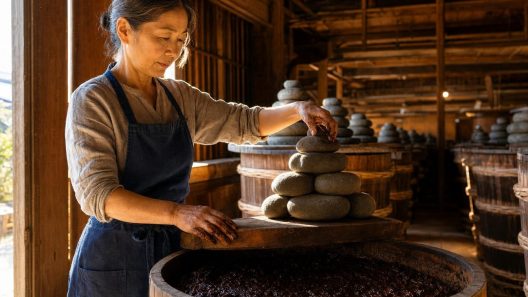 Artisane préparant miso dans tonneau en bois