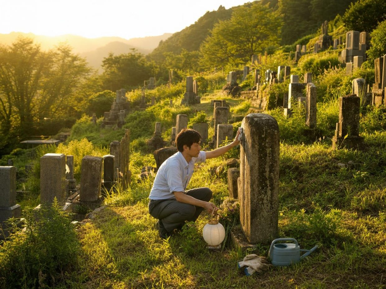 Homme japonais revenu de Tokyo nettoyant une tombe familiale et allumant une lanterne chochin dans un cimetière de village au crépuscule, pendant o-bon