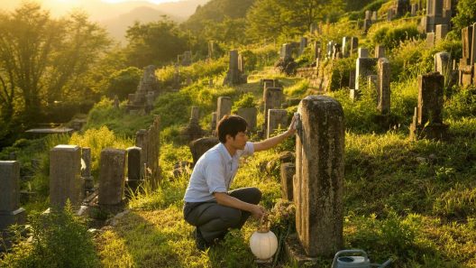 Homme japonais revenu de Tokyo nettoyant une tombe familiale et allumant une lanterne chochin dans un cimetière de village au crépuscule, pendant o-bon