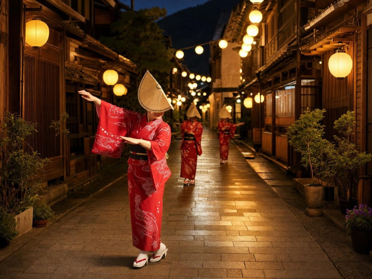 Danseuses en yukata dans une rue japonaise illuminée