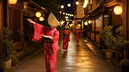 Danseuses en yukata dans une rue japonaise illuminée
