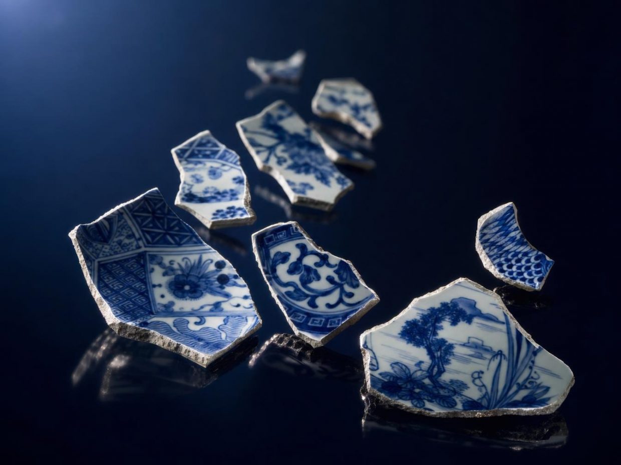 Fragments de porcelaine bleue et blanche sur fond sombre