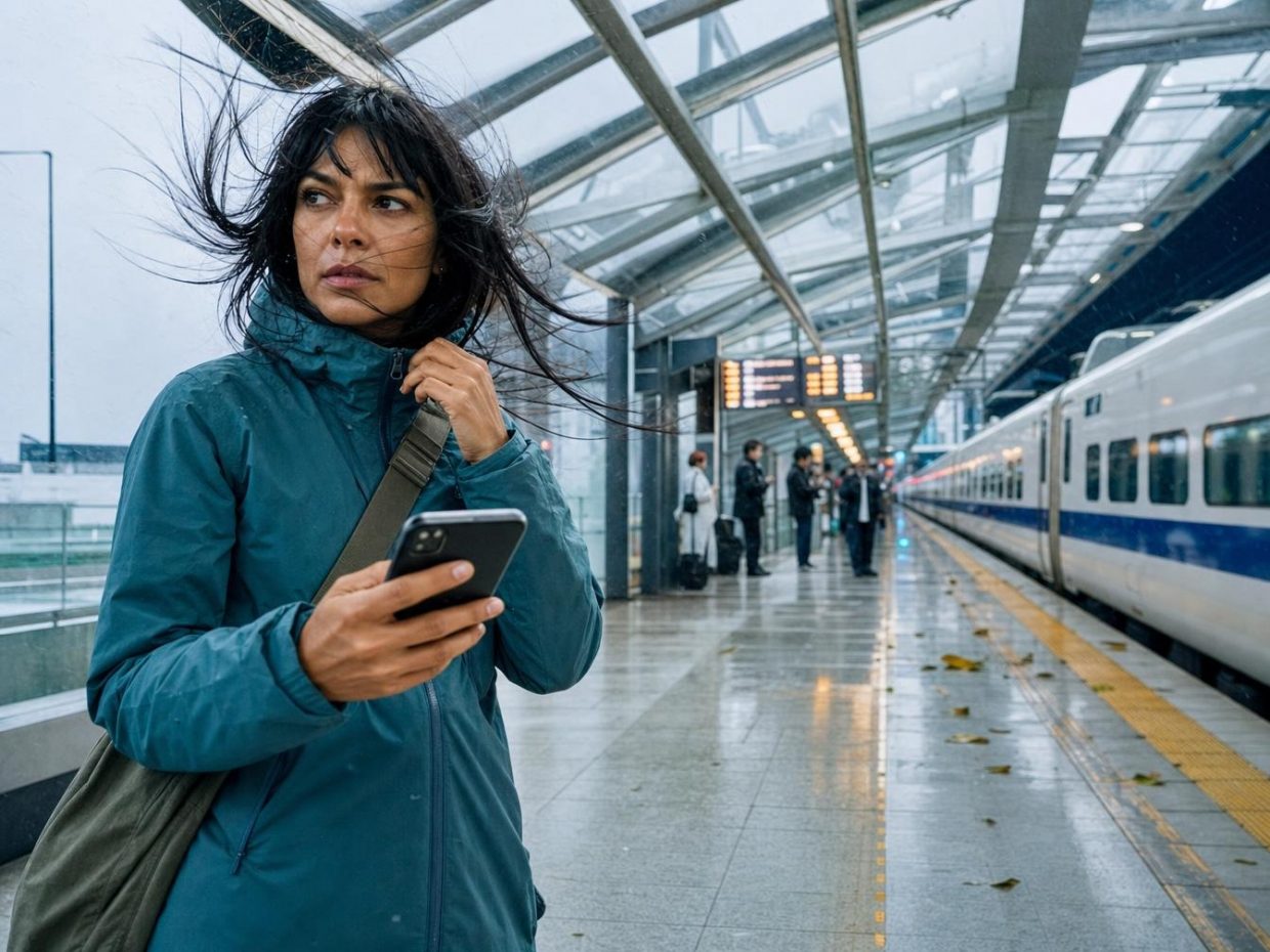 Femme sur quai de gare sous la pluie