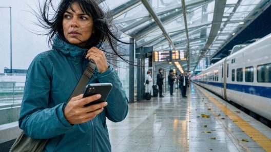 Femme sur quai de gare sous la pluie