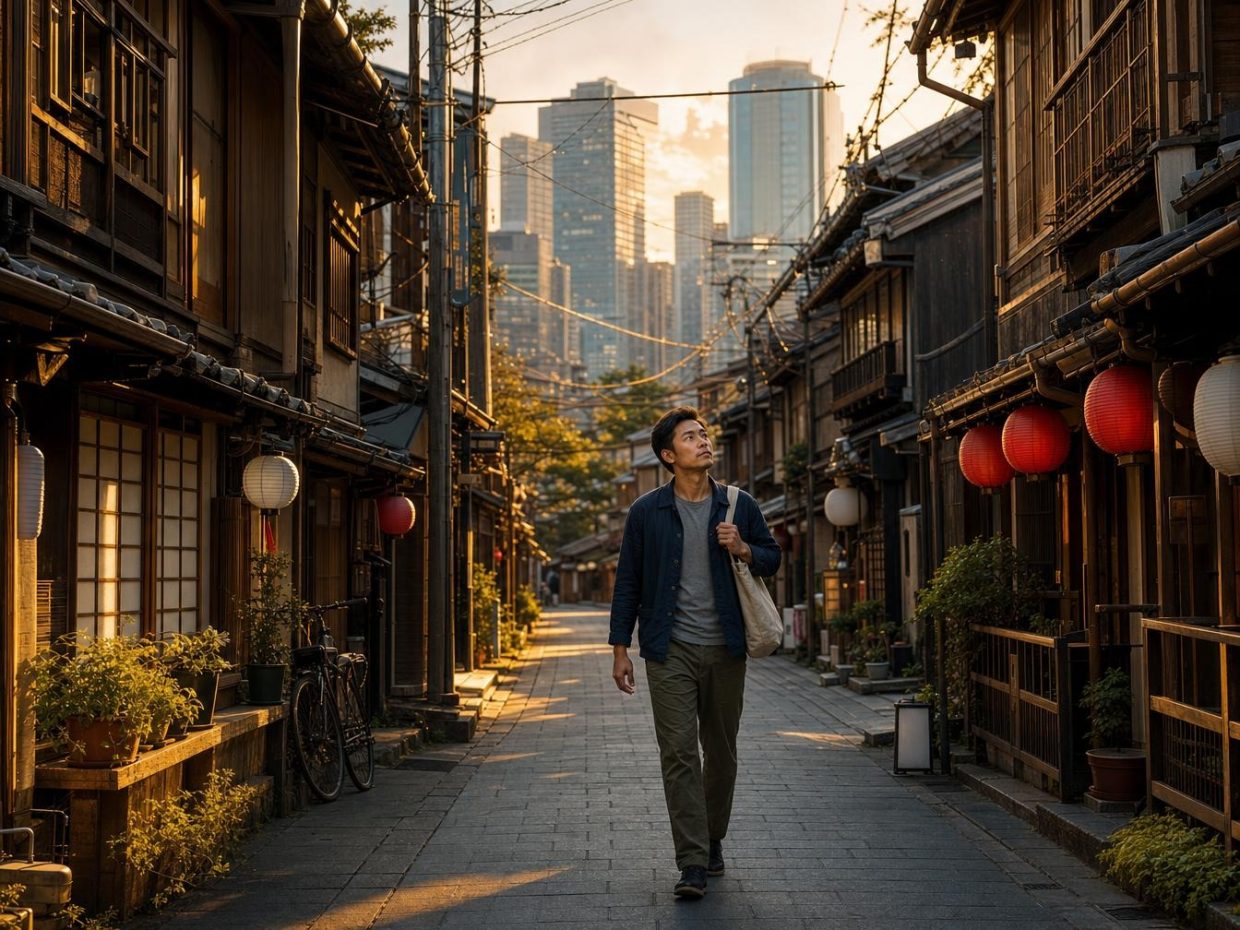 Homme marchant dans une ruelle japonaise au coucher du soleil
