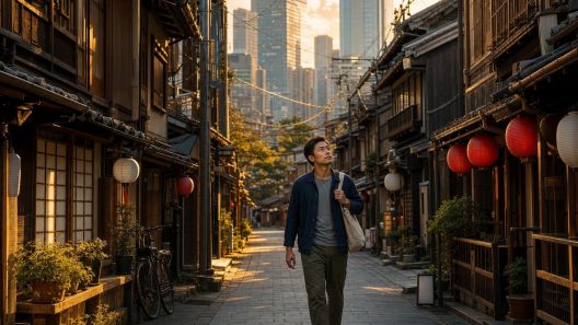 Homme marchant dans une ruelle japonaise au coucher du soleil