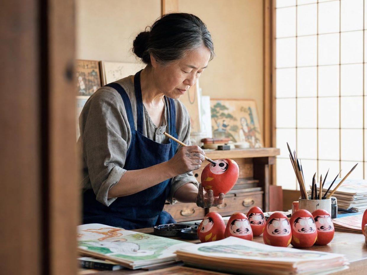 Artisane peignant une poupée Daruma rouge dans son atelier