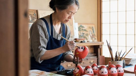 Artisane peignant une poupée Daruma rouge dans son atelier