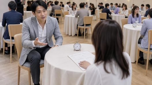 Homme et femme lors d'une soirée konkatsu chronométrée, chronomètre et fiche profil posés sur la table