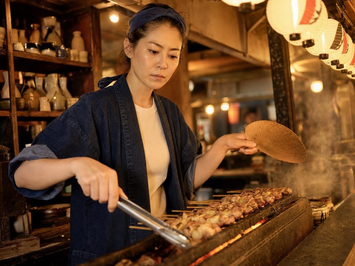 Cuisinière grillant des brochettes dans un restaurant japonais
