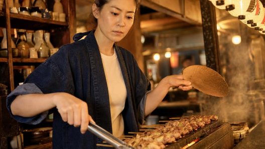 Cuisinière grillant des brochettes dans un restaurant japonais
