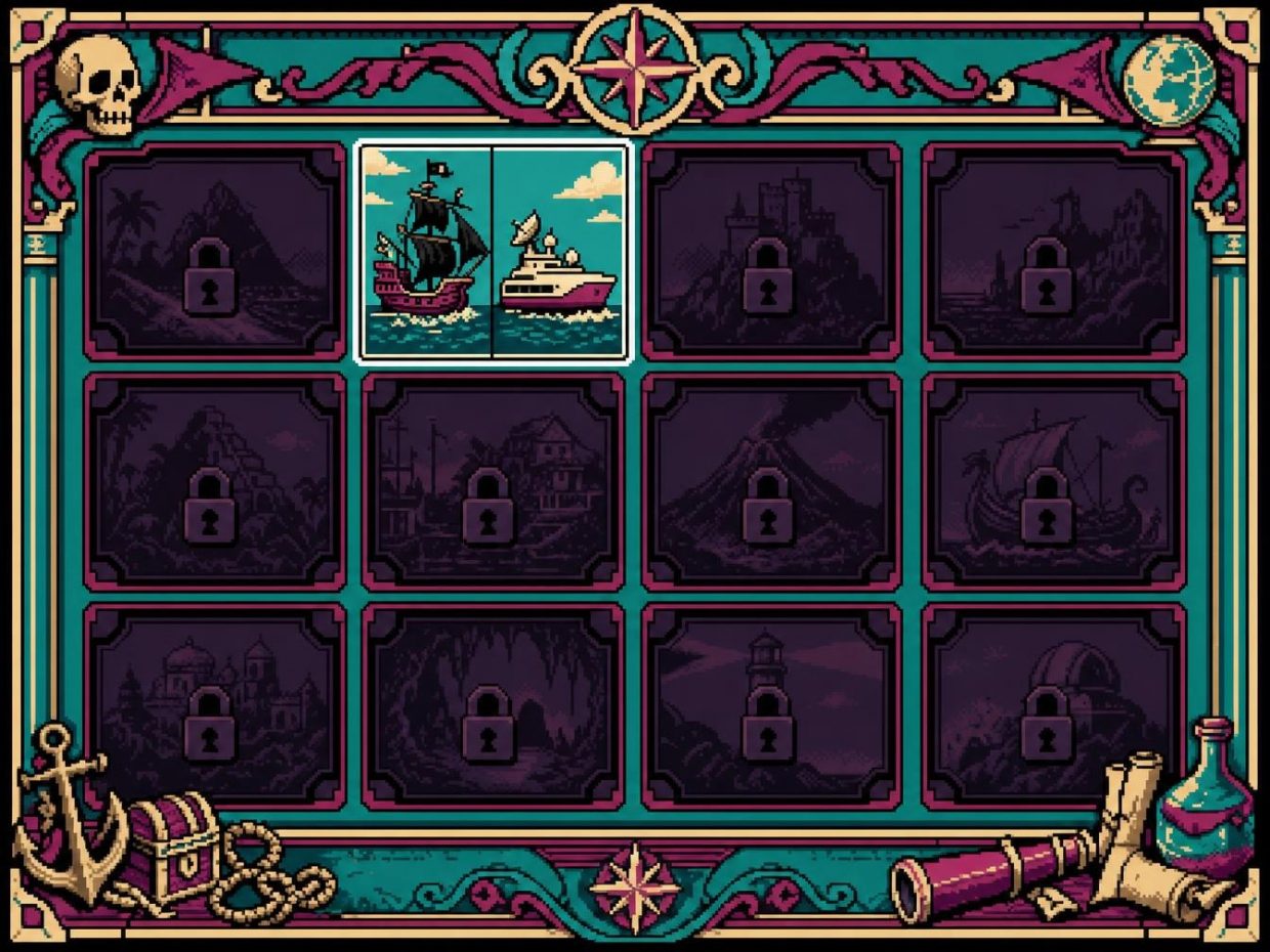 Écran pixel art de sélection d'aventures maritimes verrouillées