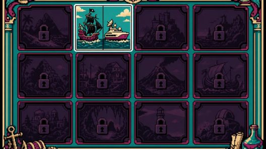 Écran pixel art de sélection d'aventures maritimes verrouillées