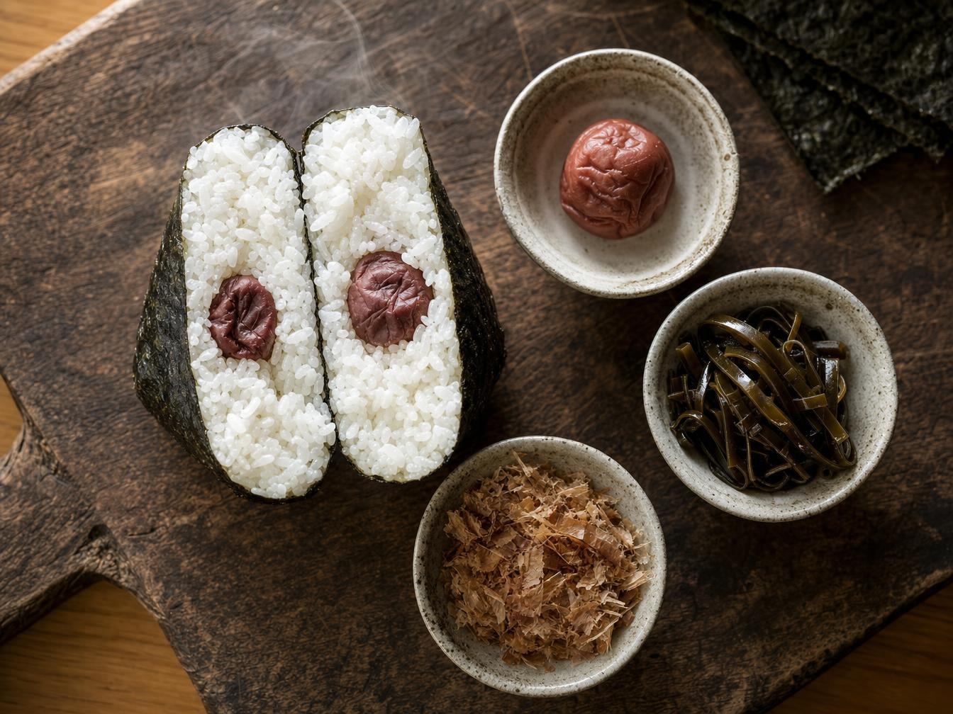 Onigiri coupé en deux révélant sa garniture d'umeboshi, à côté de konbu et d'okaka