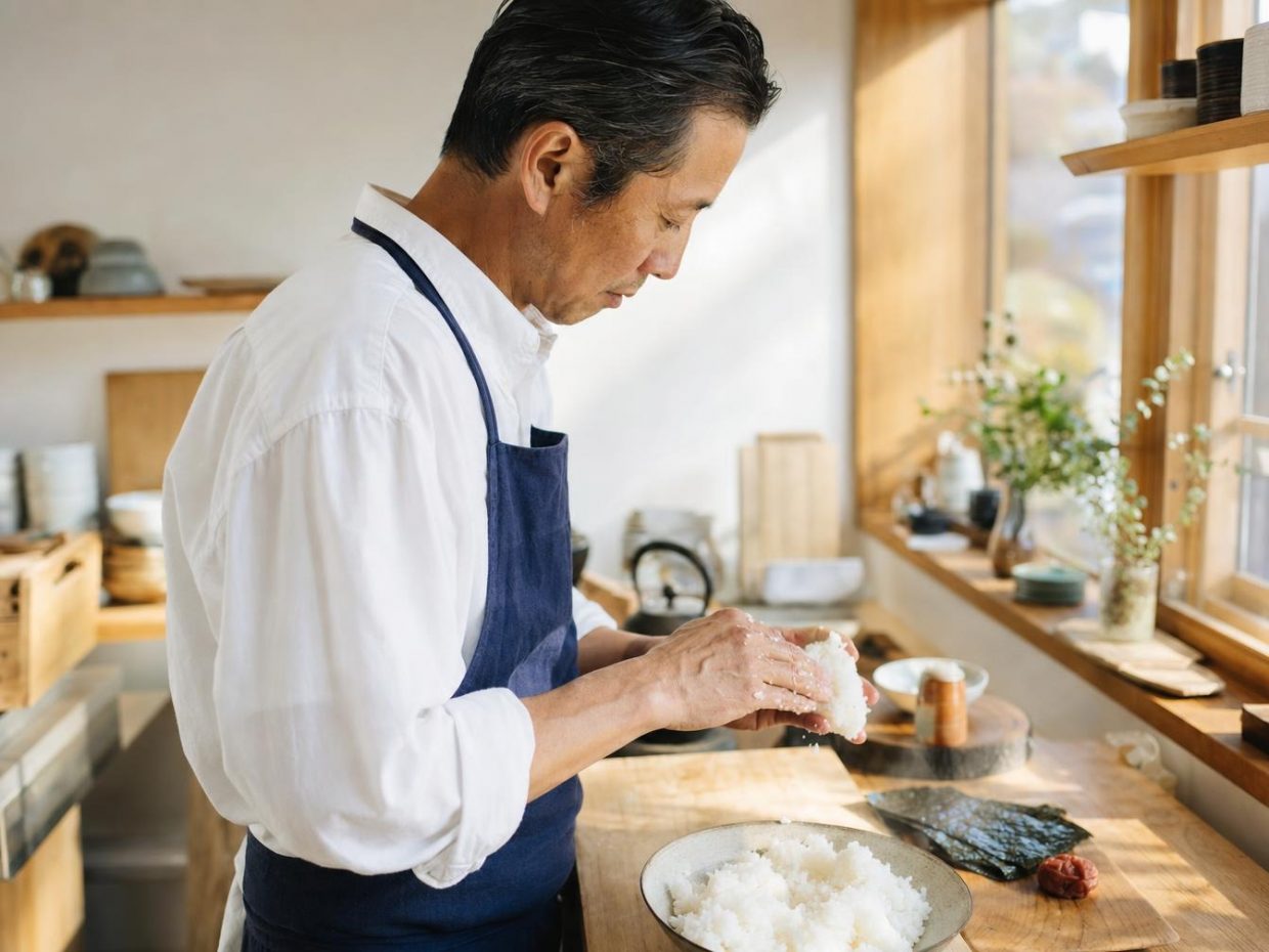 Chef japonais façonnant un onigiri triangulaire à la main dans une cuisine
