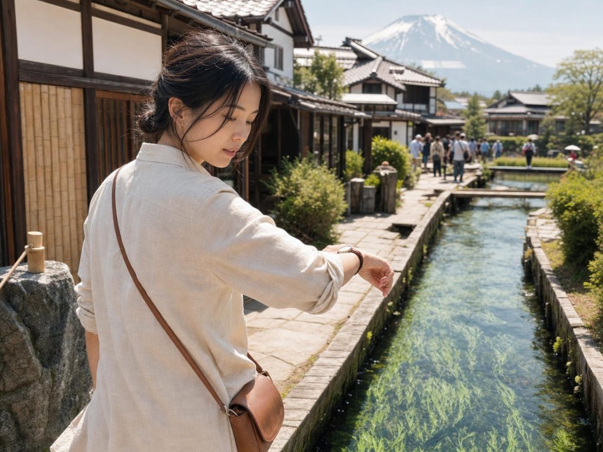 Femme près d’un canal avec le mont Fuji