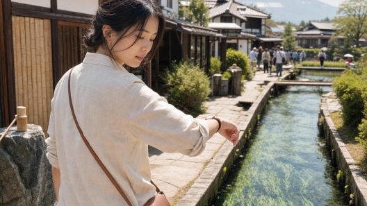 Femme près d’un canal avec le mont Fuji