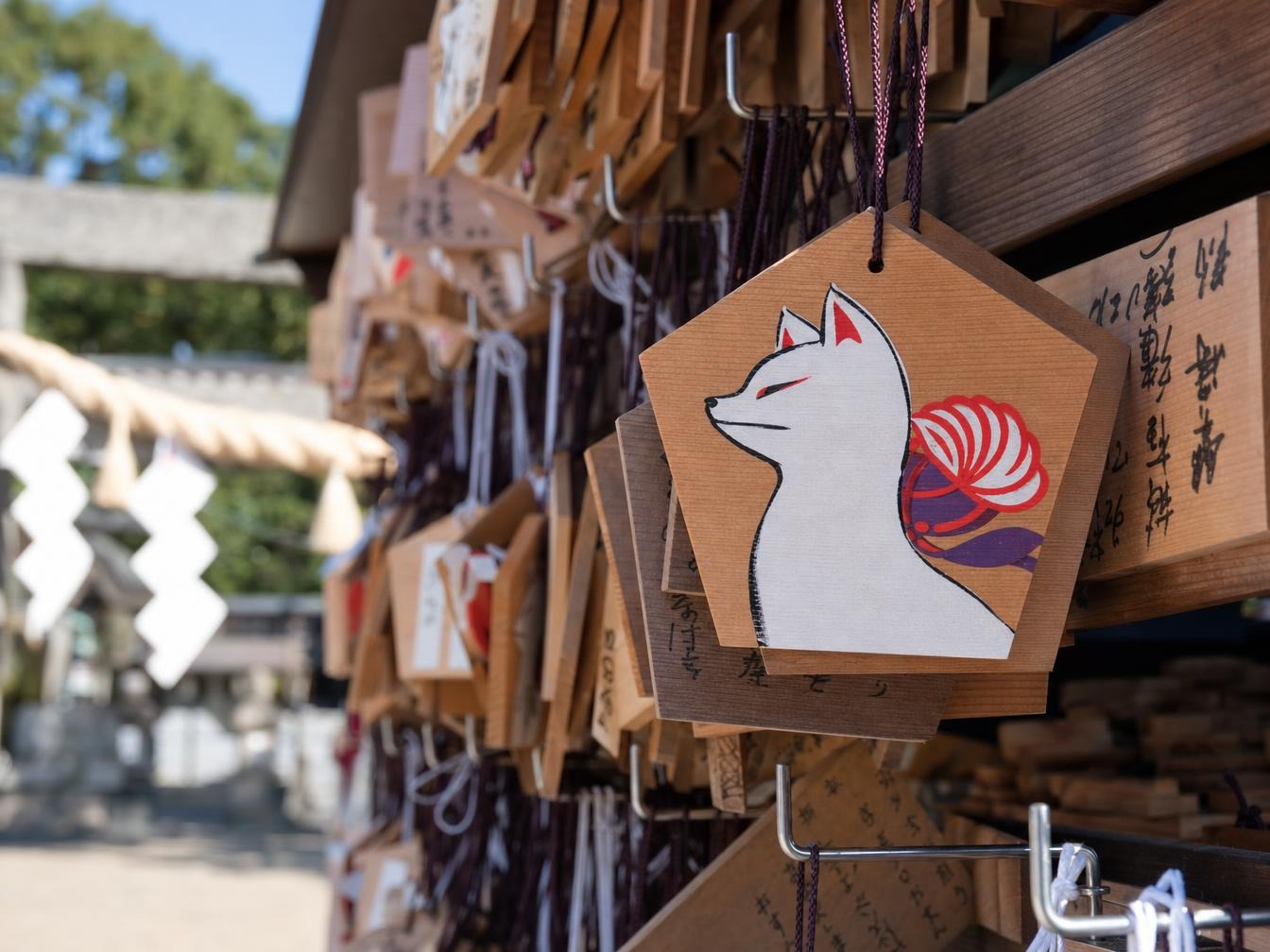Plaquettes ema ornées d'un renard, offrandes shinto suspendues près d'un sanctuaire