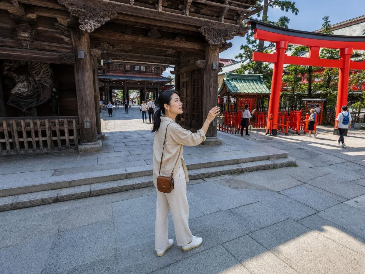 Femme devant un torii rouge dans un sanctuaire japonais