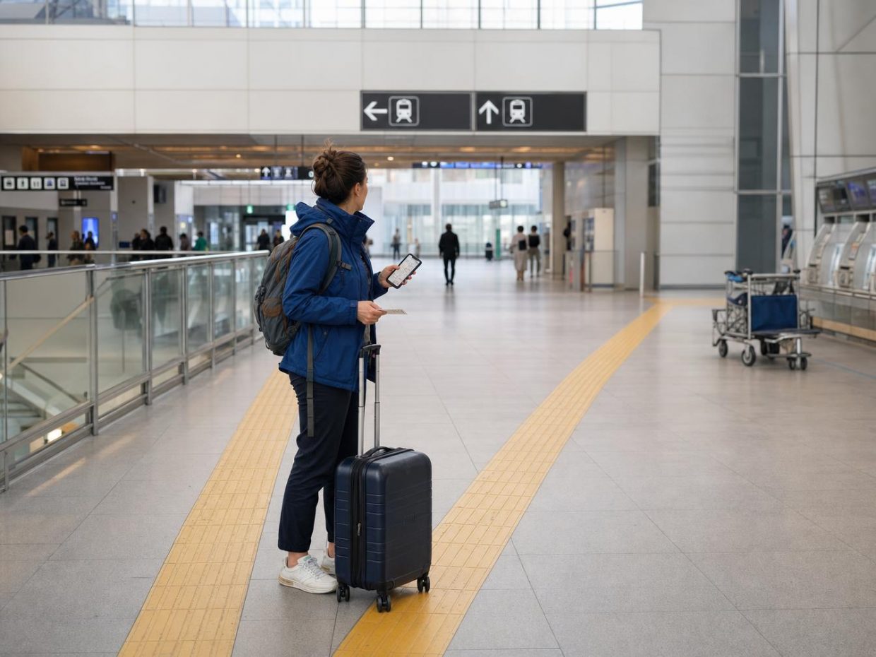 Illustration d’une voyageuse consultant son téléphone dans un hall de gare aéroportuaire