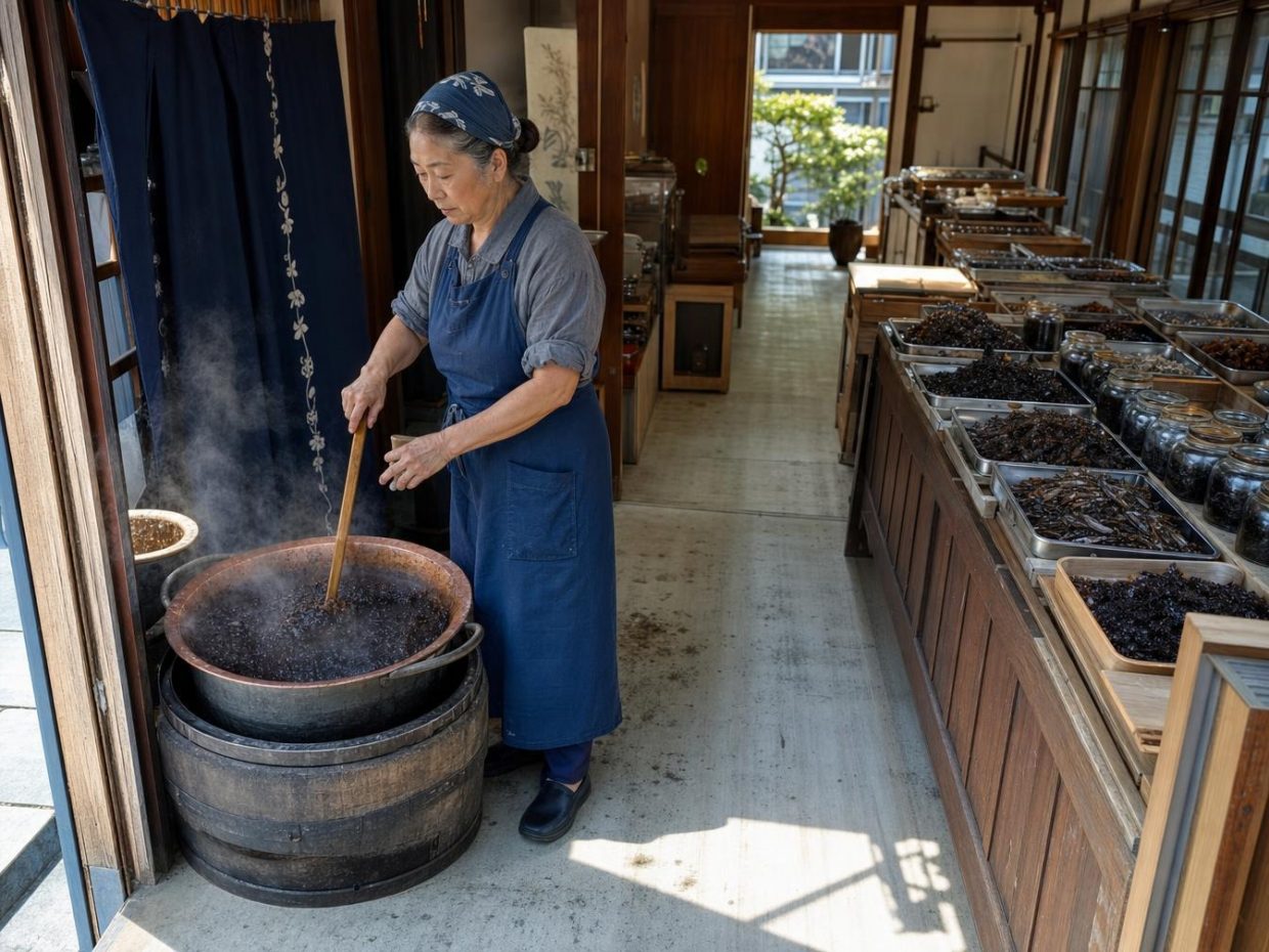 Artisane japonaise remuant des feuilles dans un chaudron fumant