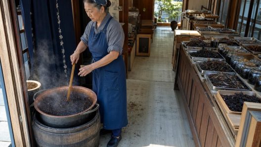 Artisane japonaise remuant des feuilles dans un chaudron fumant