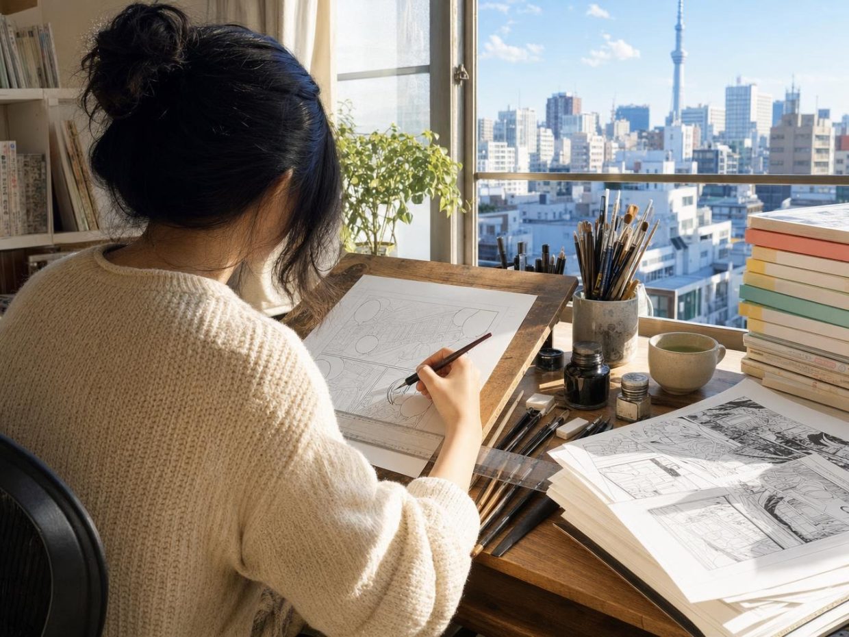 Illustratrice dessinant près d’une fenêtre avec vue urbaine